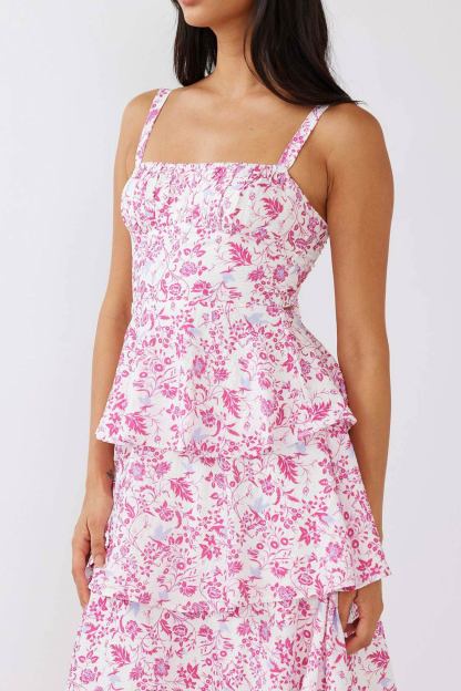 Floral Print Tie-up Tiered Midi Dress