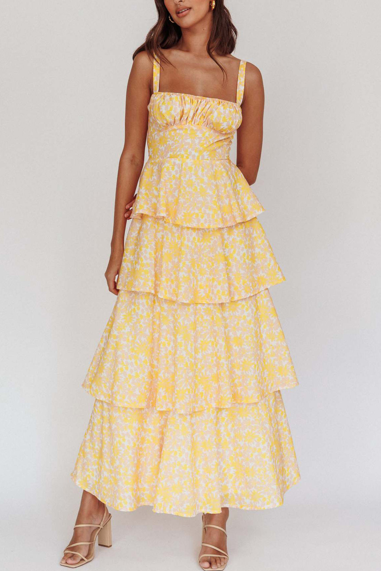 Floral Print Tie-up Tiered Midi Dress
