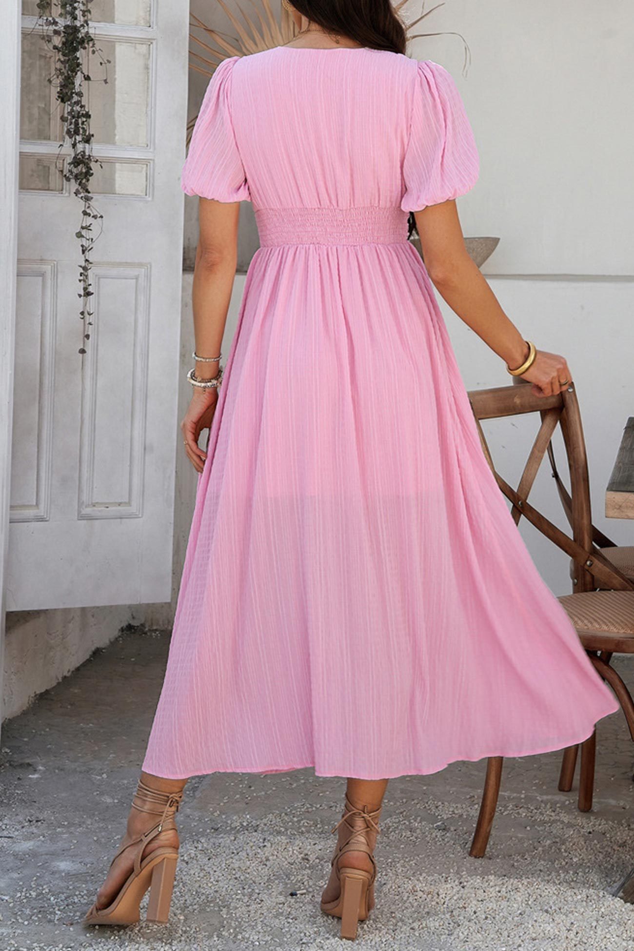 Puff Sleeve Single Breasted Slit Dress