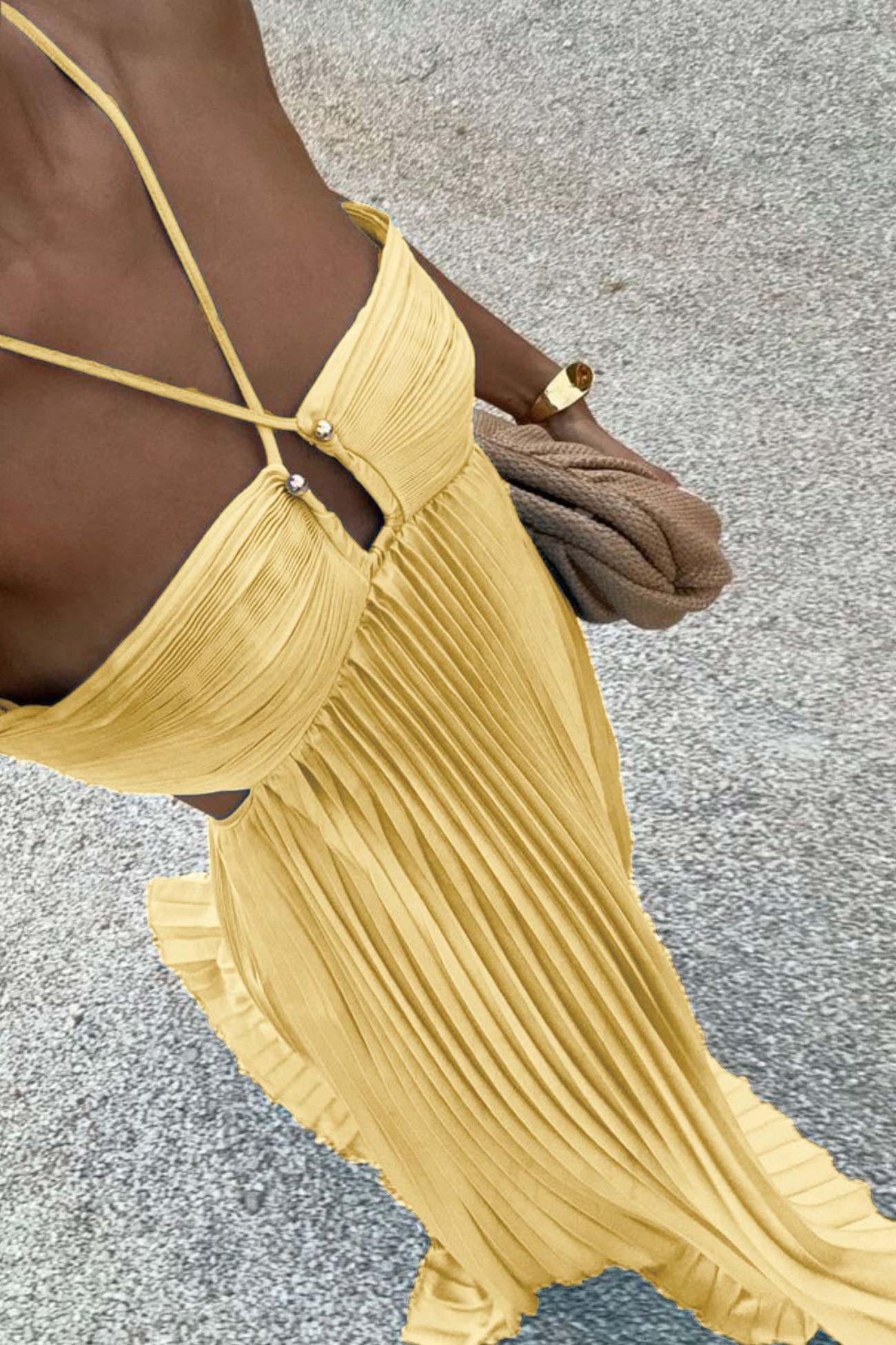 Halterneck Cutout Pleated Maxi Dress