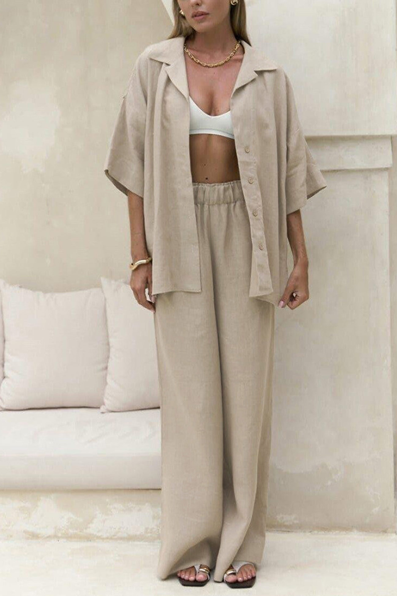 Solid Color Cotton Half Sleeve Blouse Pants Set