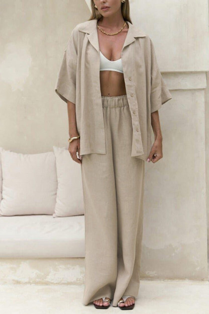 Solid Color Cotton Half Sleeve Blouse Pants Set