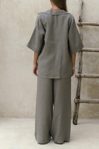 Solid Color Cotton Half Sleeve Blouse Pants Set