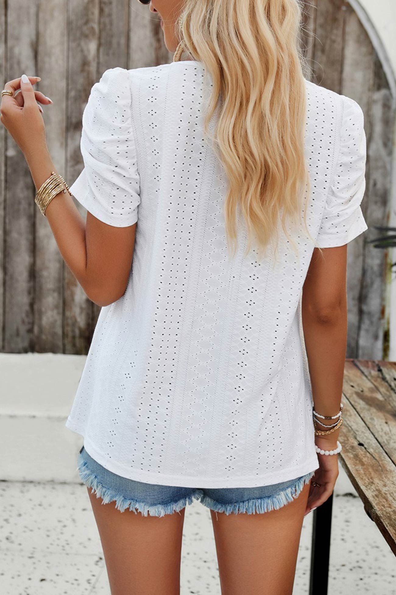 Square Neck Puff Sleeve Hollow Out Blouse