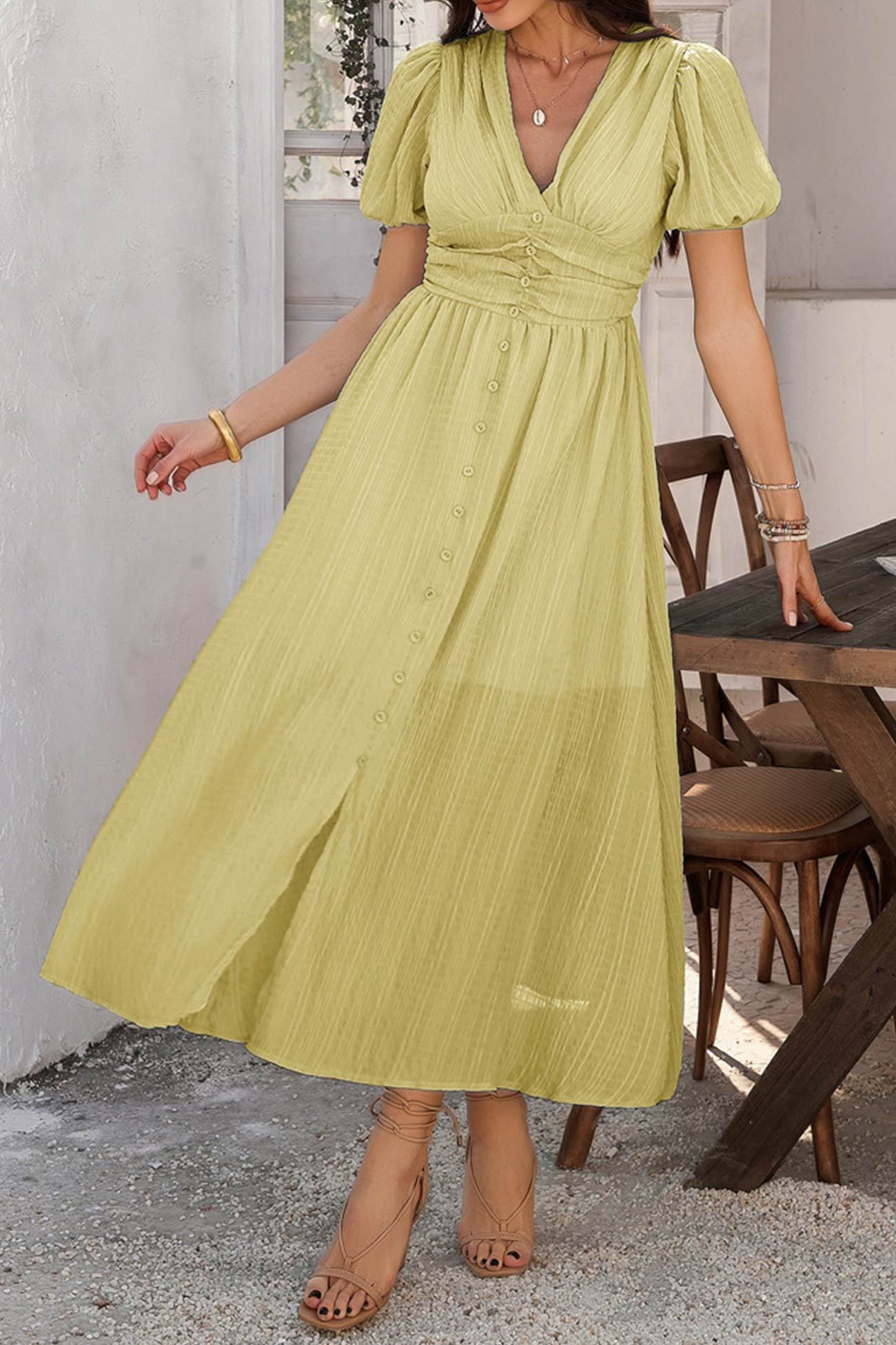 Puff Sleeve Single Breasted Slit Dress