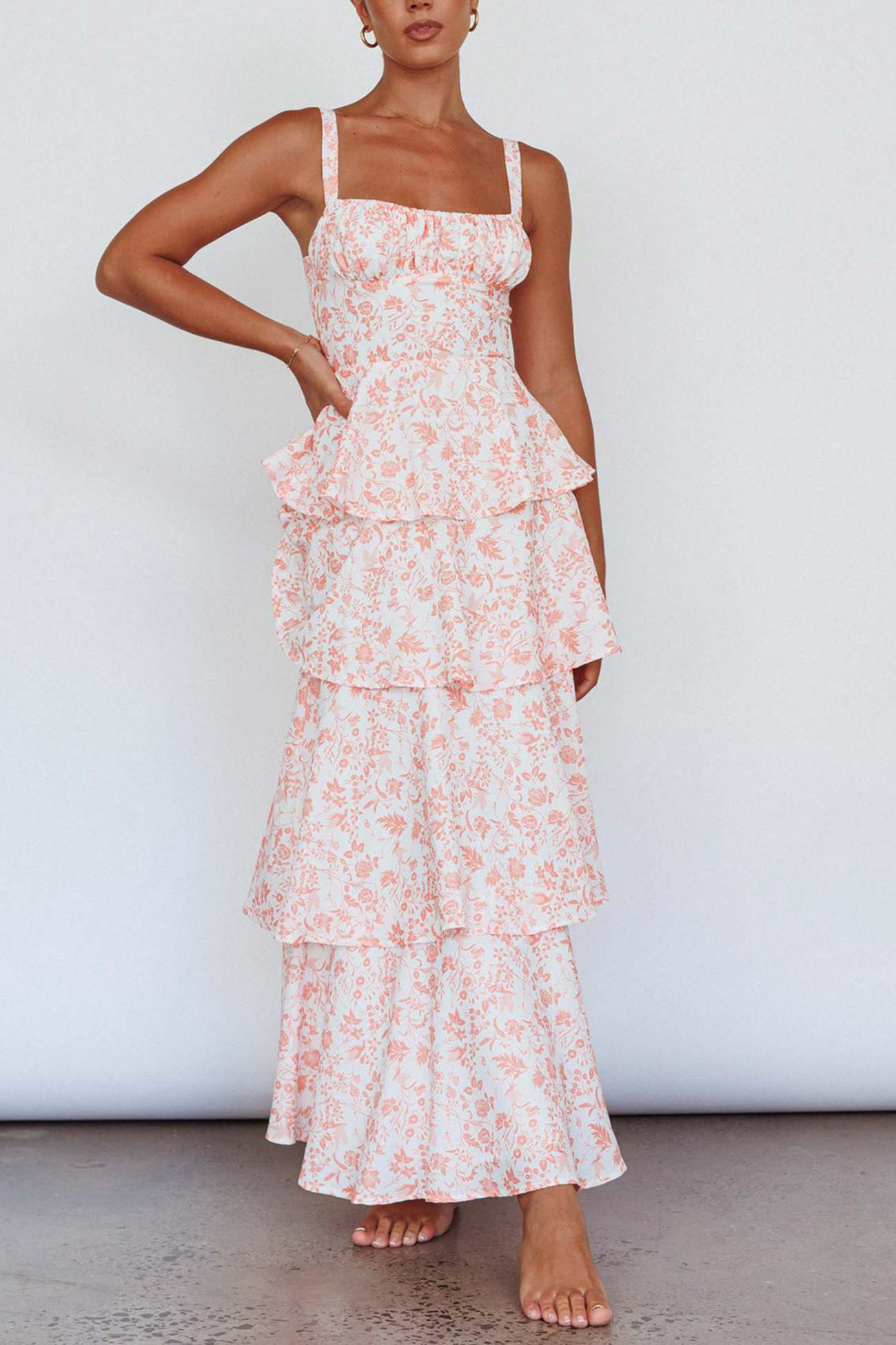 Floral Print Tie-up Tiered Midi Dress