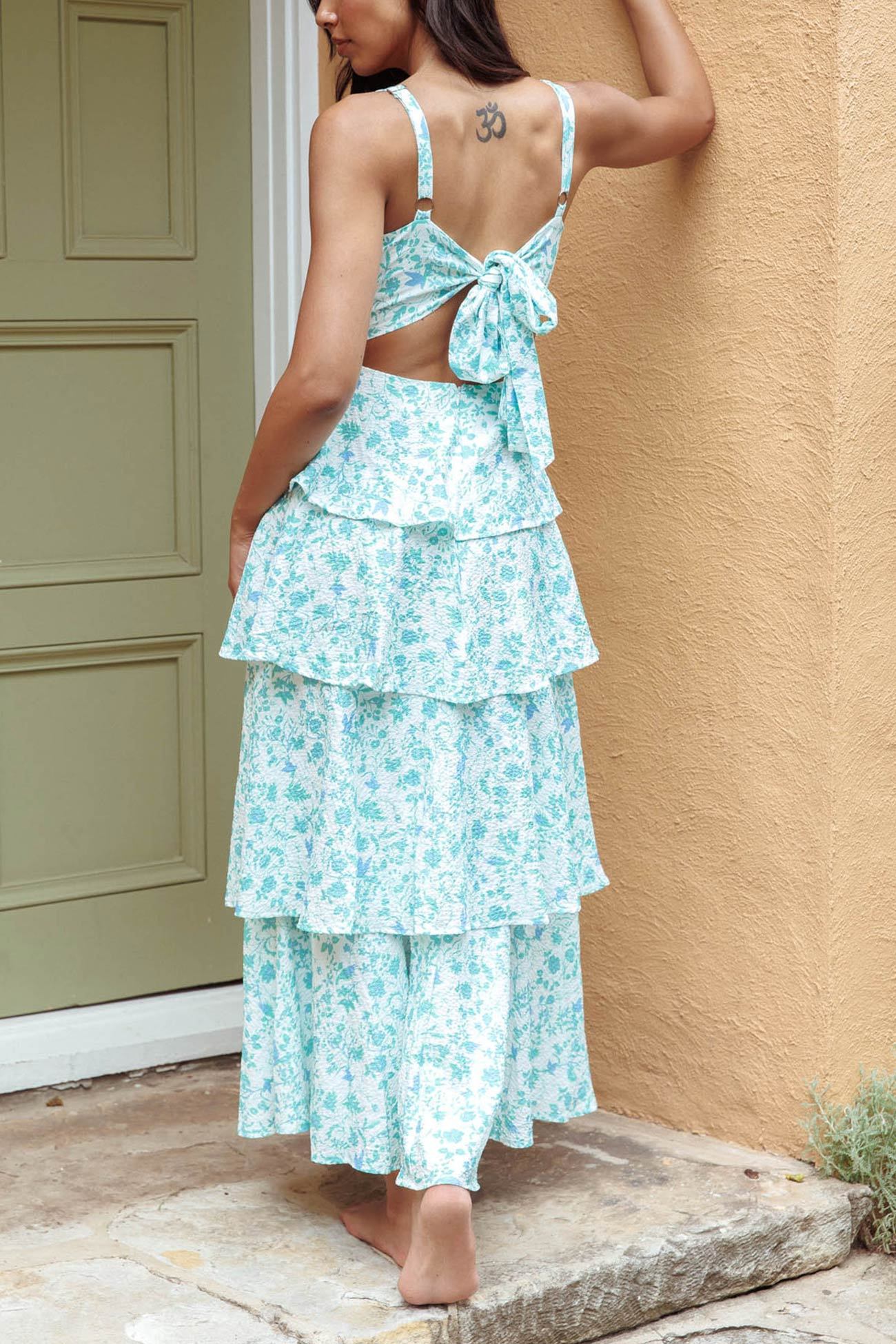 Floral Print Tie-up Tiered Midi Dress