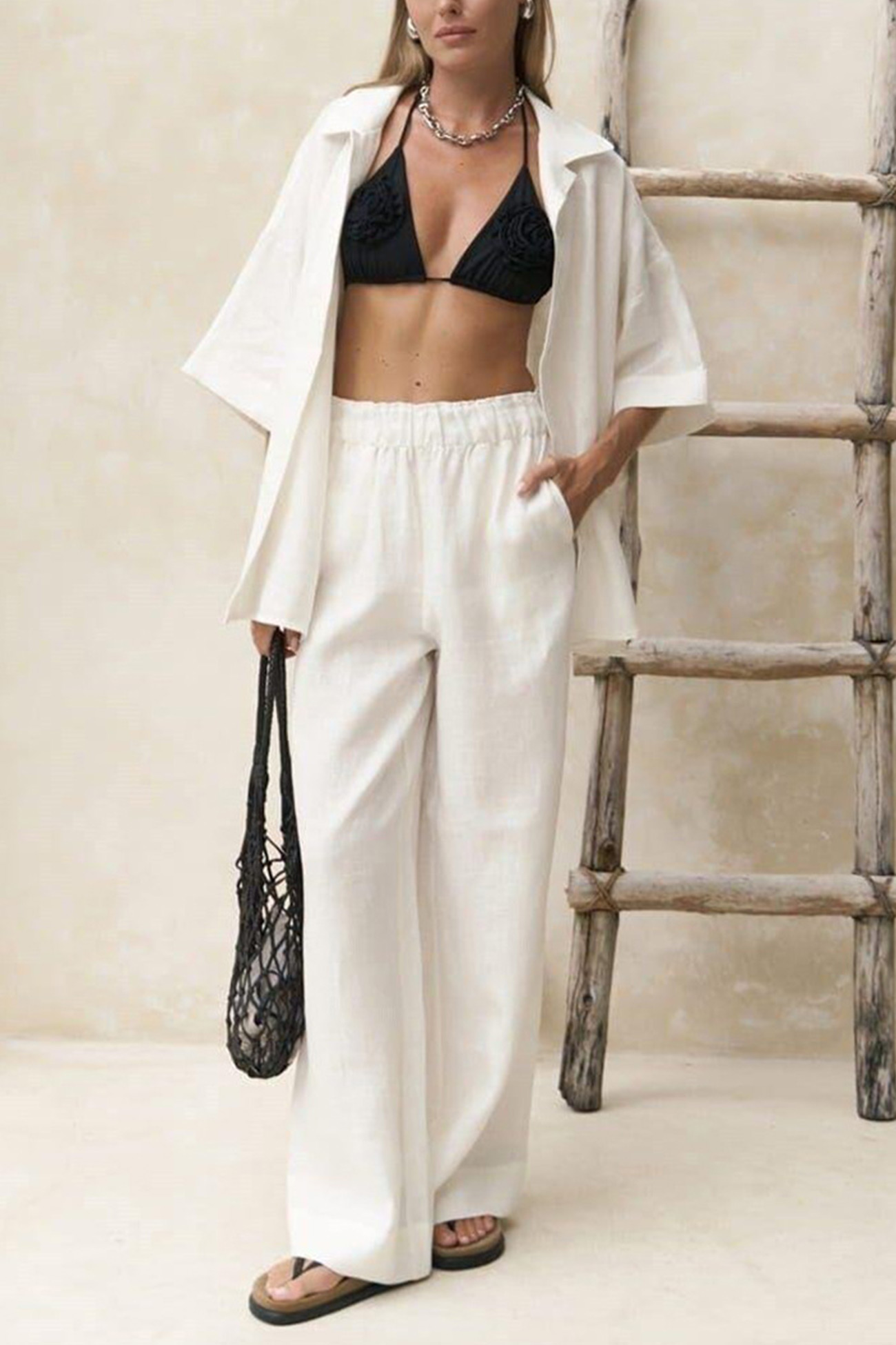 Solid Color Cotton Half Sleeve Blouse Pants Set