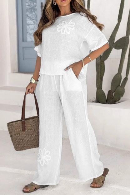 Floral embroidery Solid Color Shirt Two-piece Set