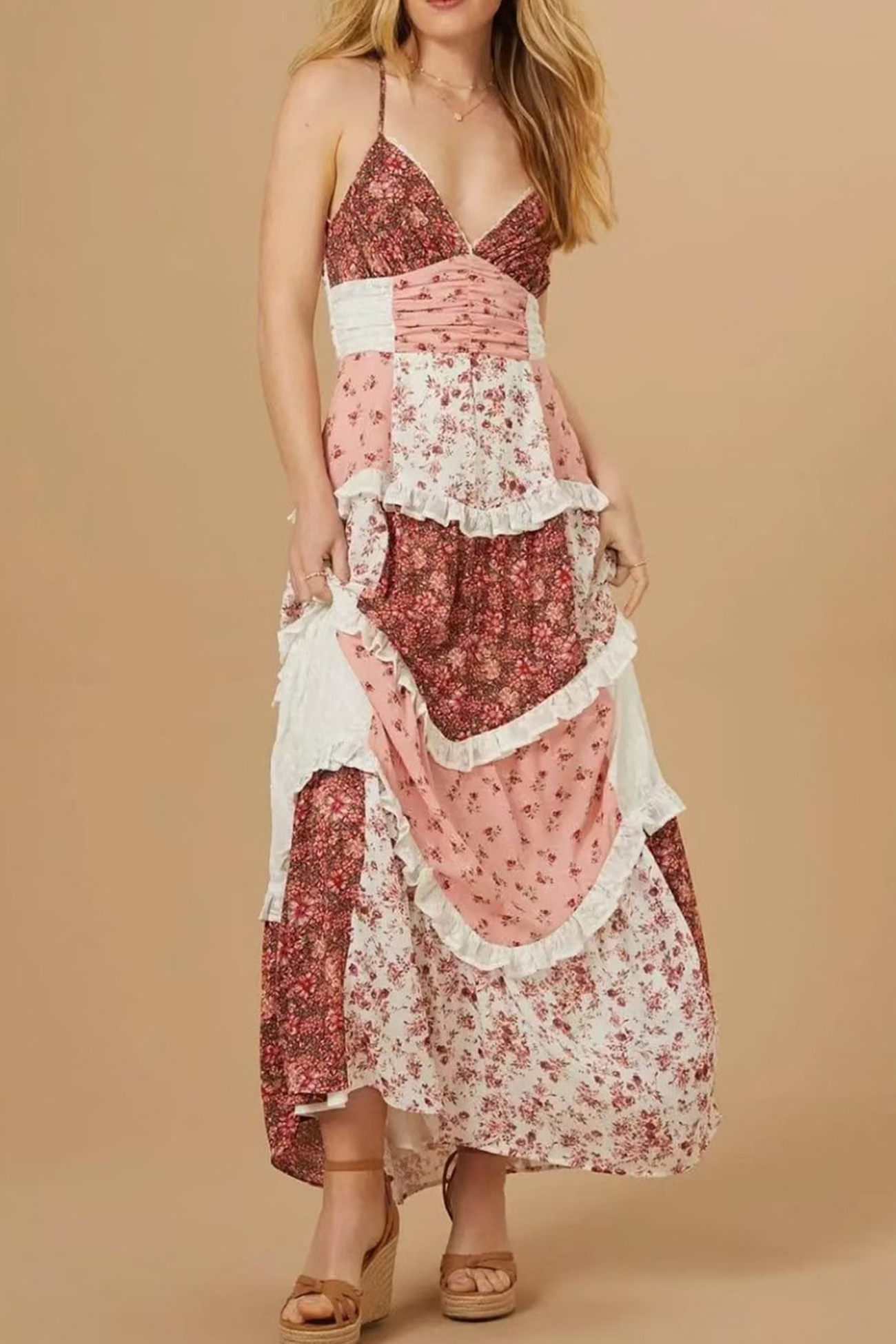 Floral Print Lace Patchwork Cami Dress