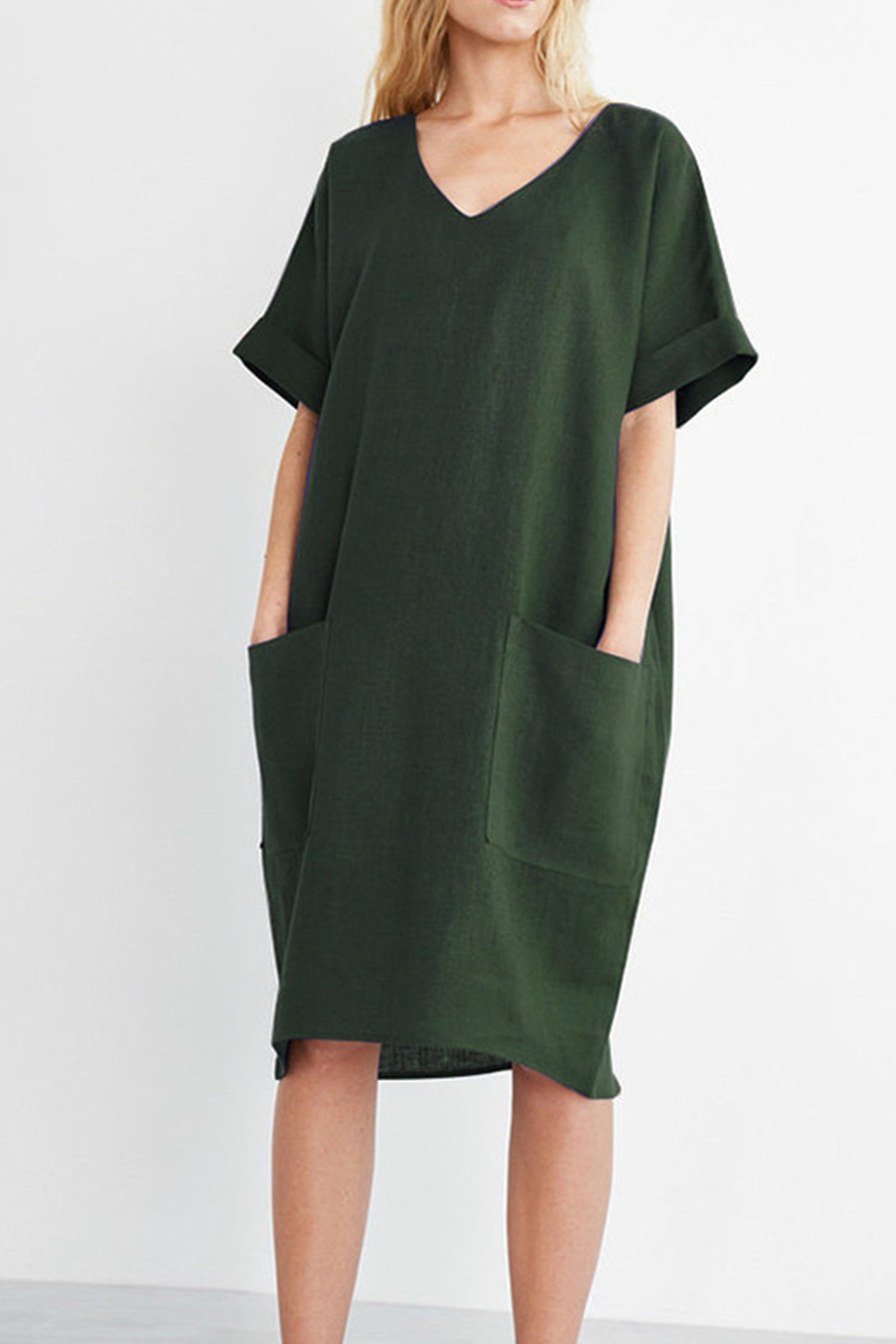 V-Neck Short Sleeve Pocketed Cotton Dress