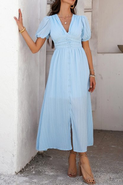 Puff Sleeve Single Breasted Slit Dress