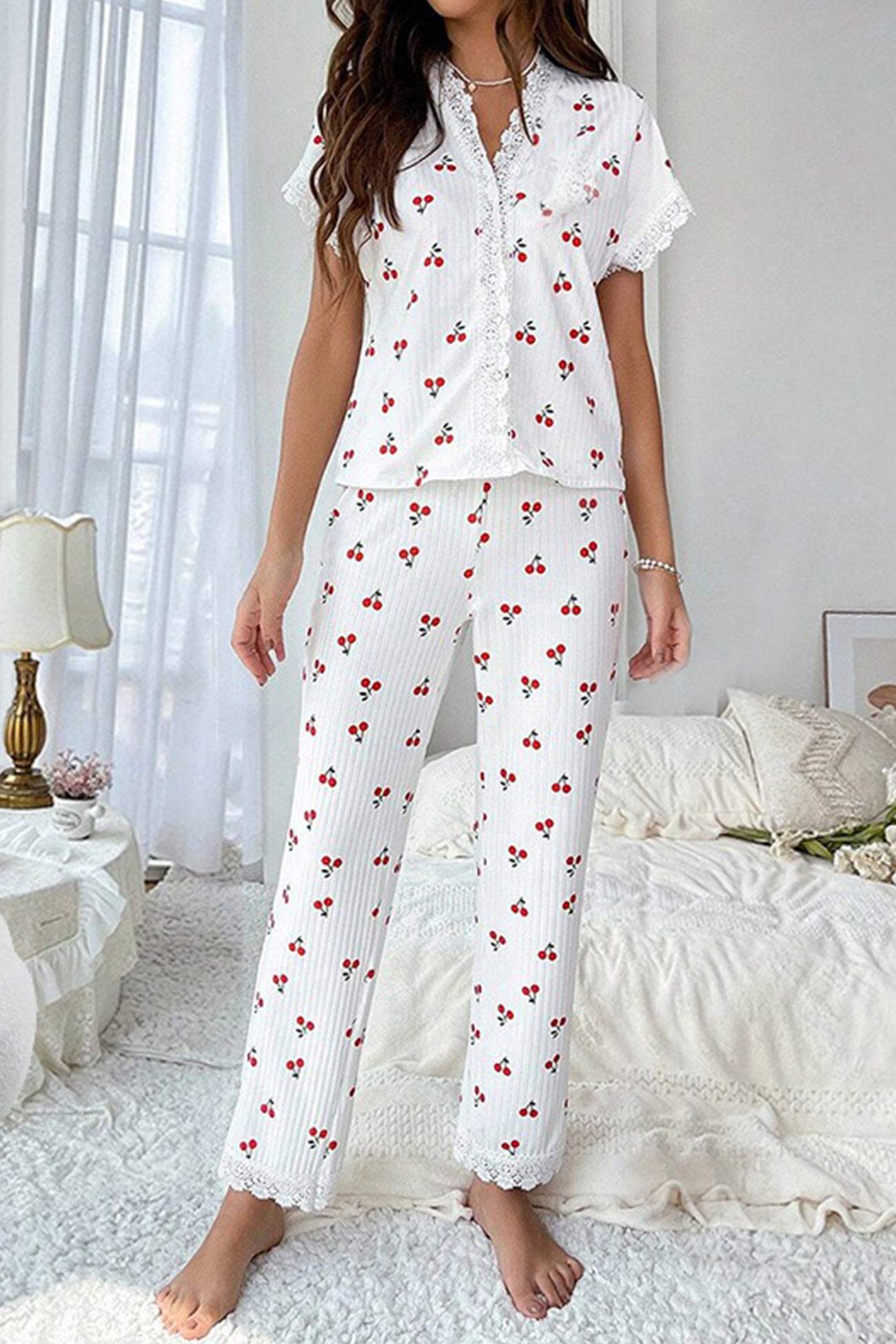 Lace Stitching Short-Sleeved Printed Loungewear