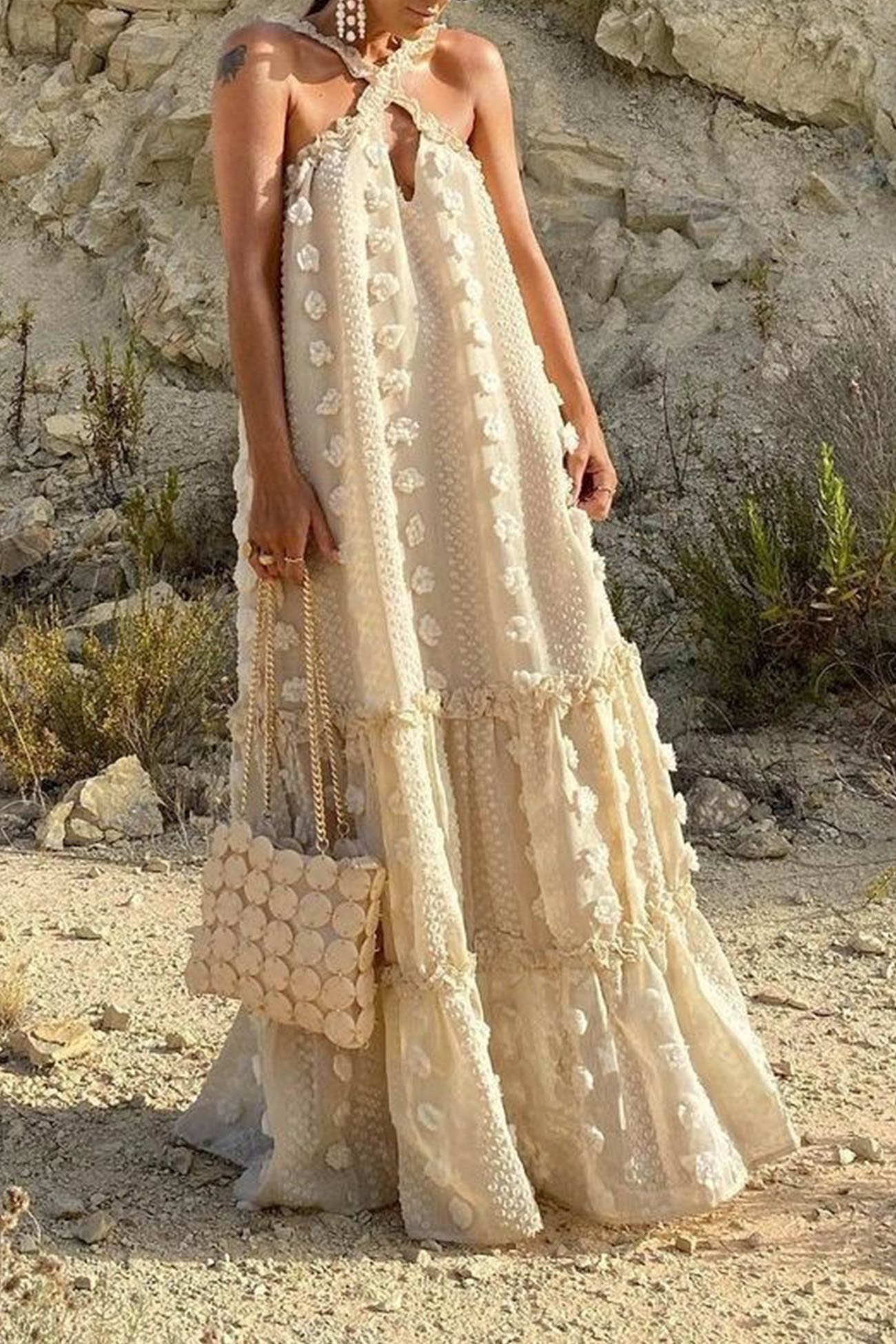 3D Floral Criss-cross Halterneck Maxi Dress