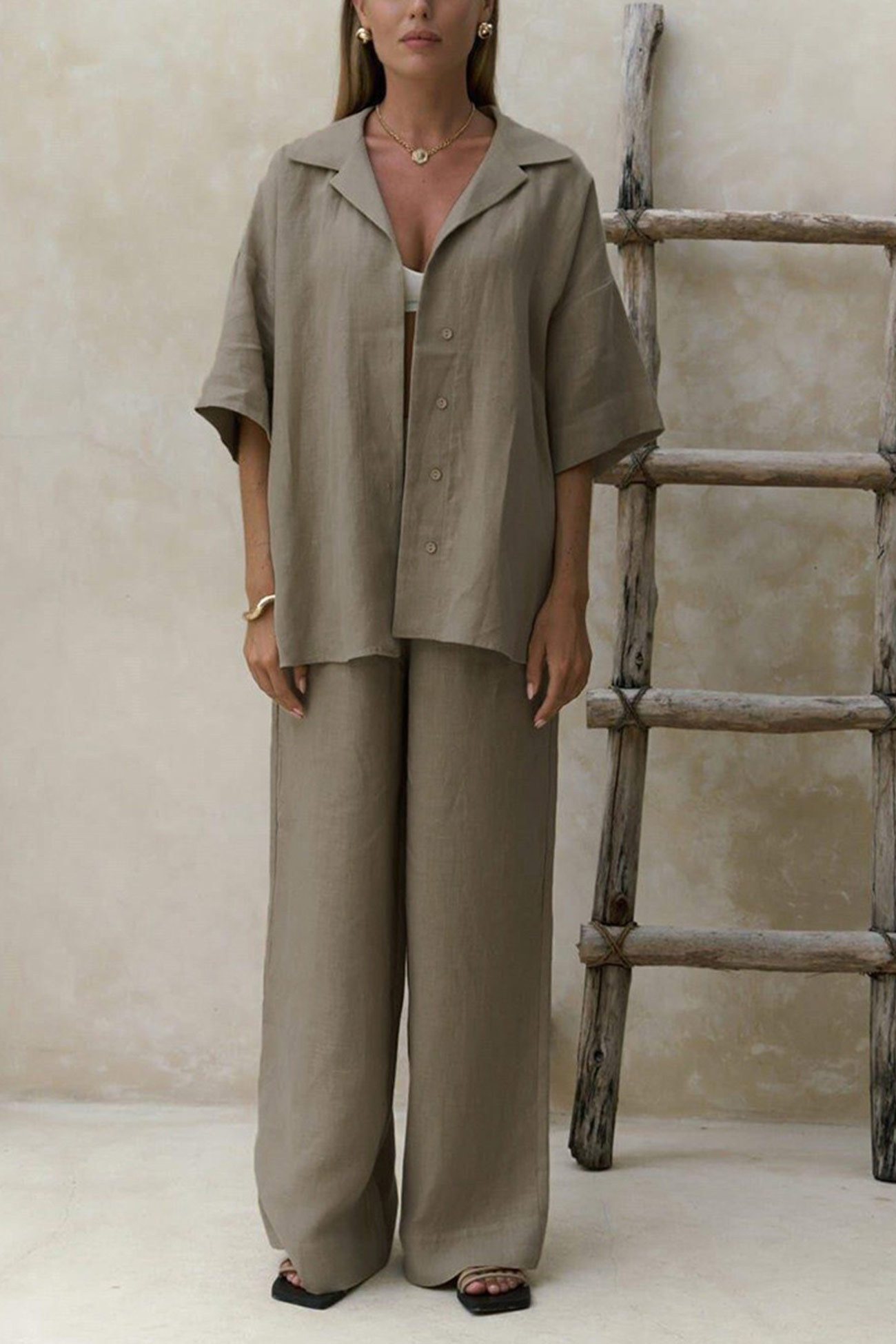 Solid Color Cotton Half Sleeve Blouse Pants Set