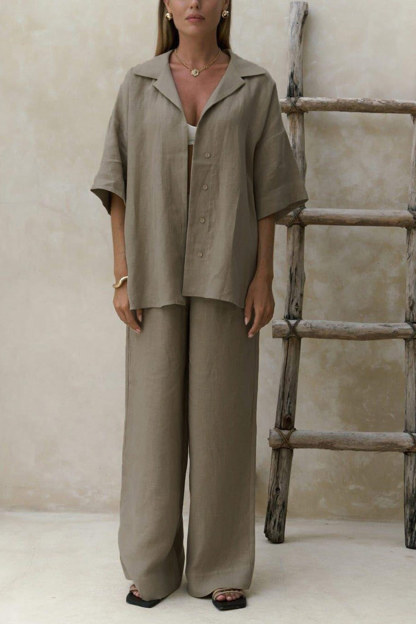 Solid Color Cotton Half Sleeve Blouse Pants Set