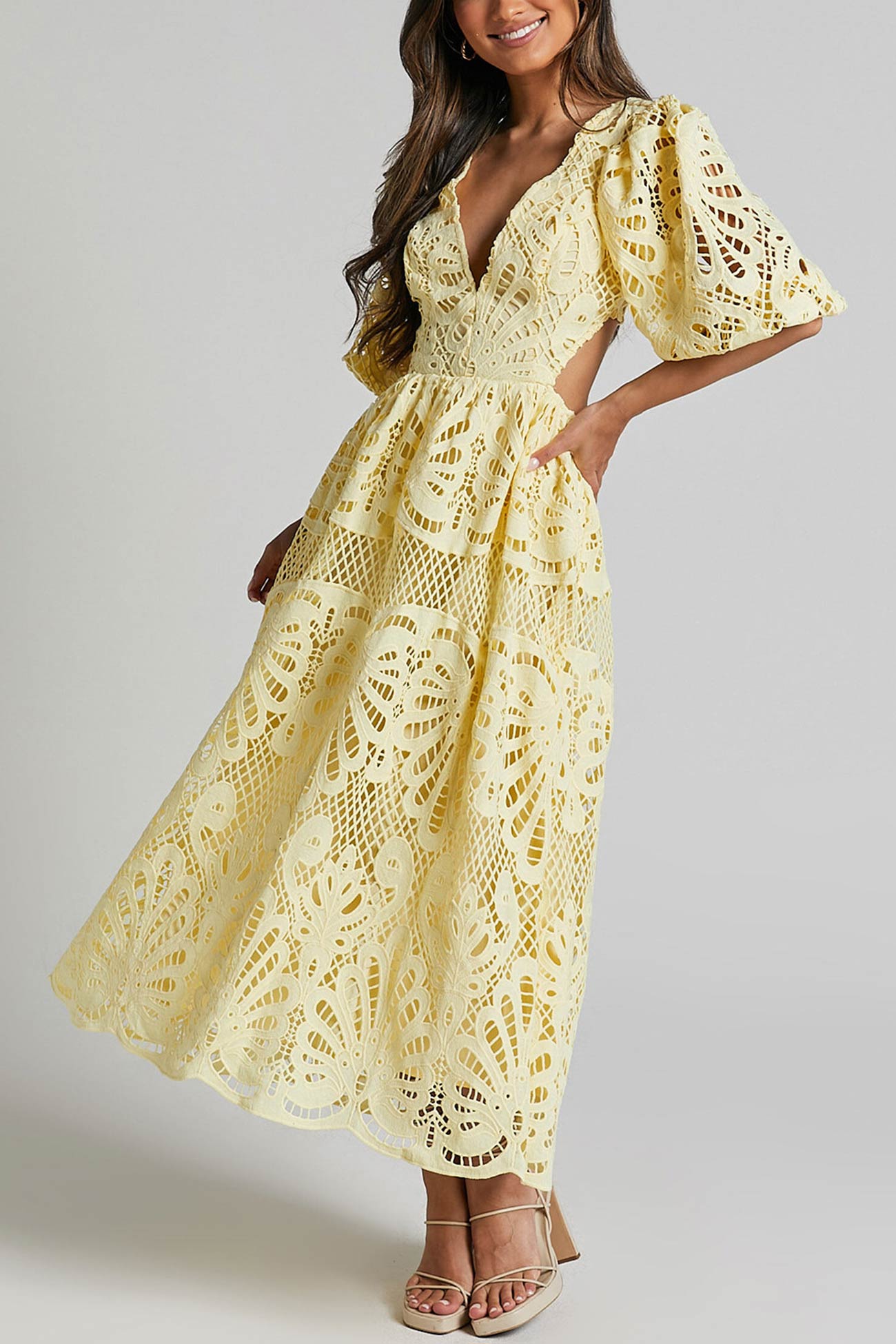 V-neck Lace Embroidery Hollow Waist Dress