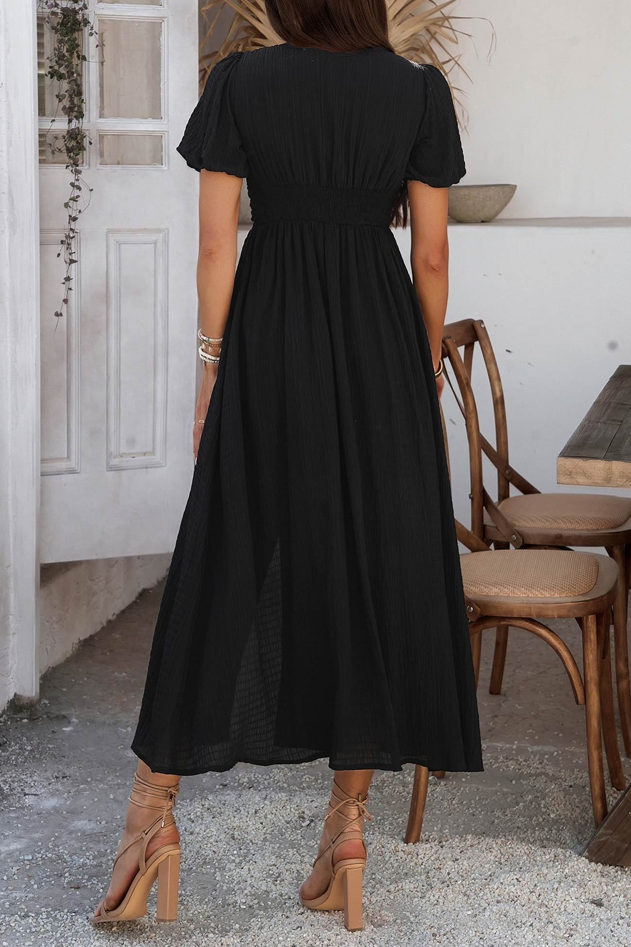 Puff Sleeve Single Breasted Slit Dress