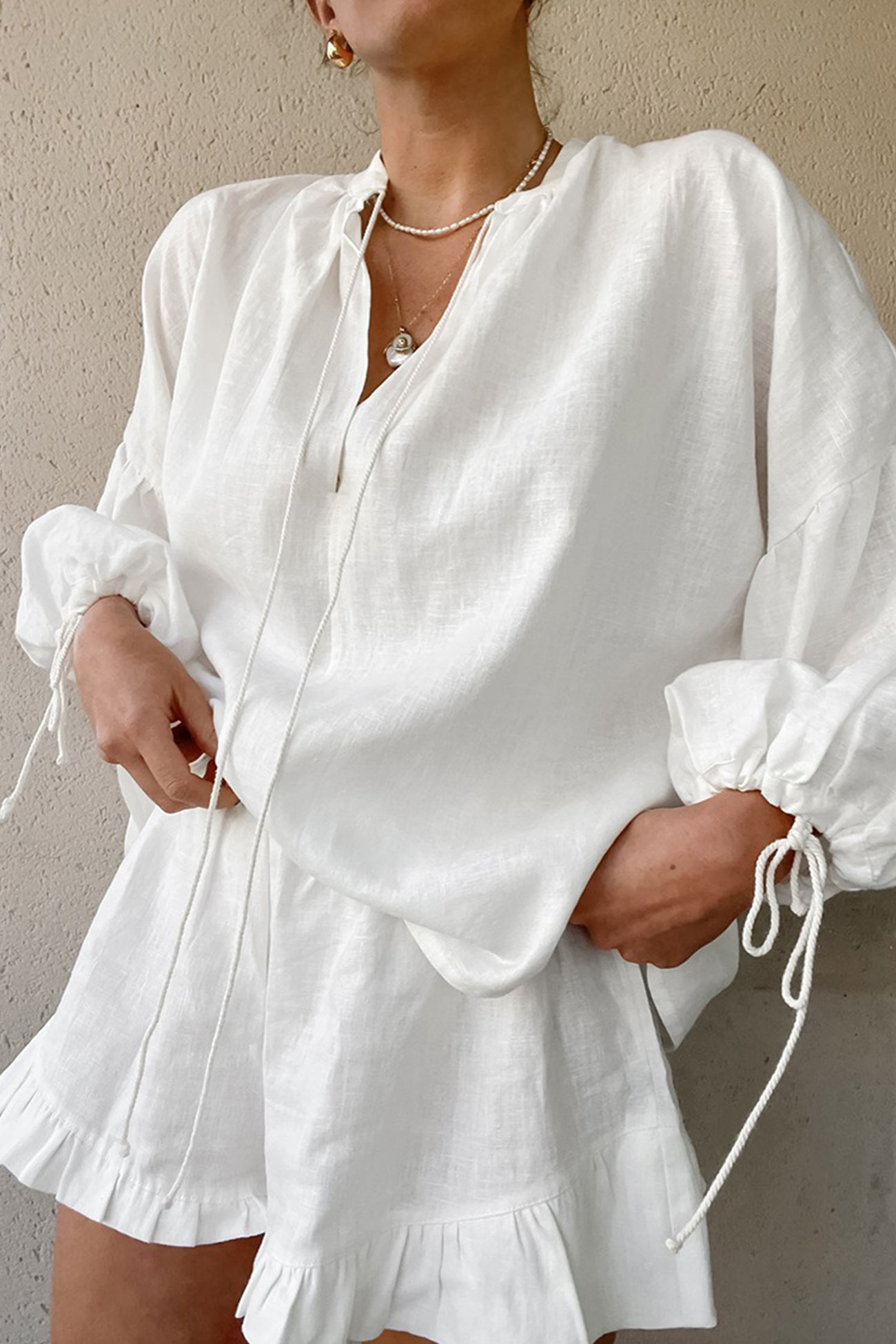 V-neck Lantern Sleeve Cotton Shirt Set