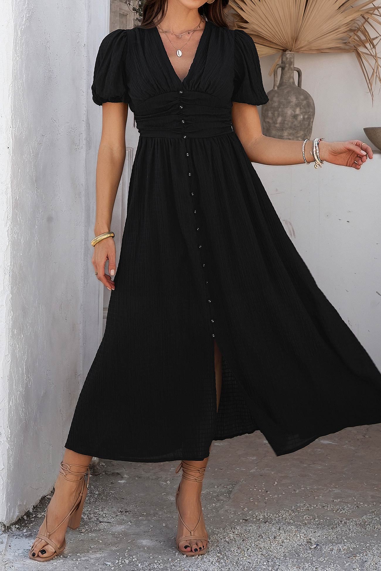 Puff Sleeve Single Breasted Slit Dress