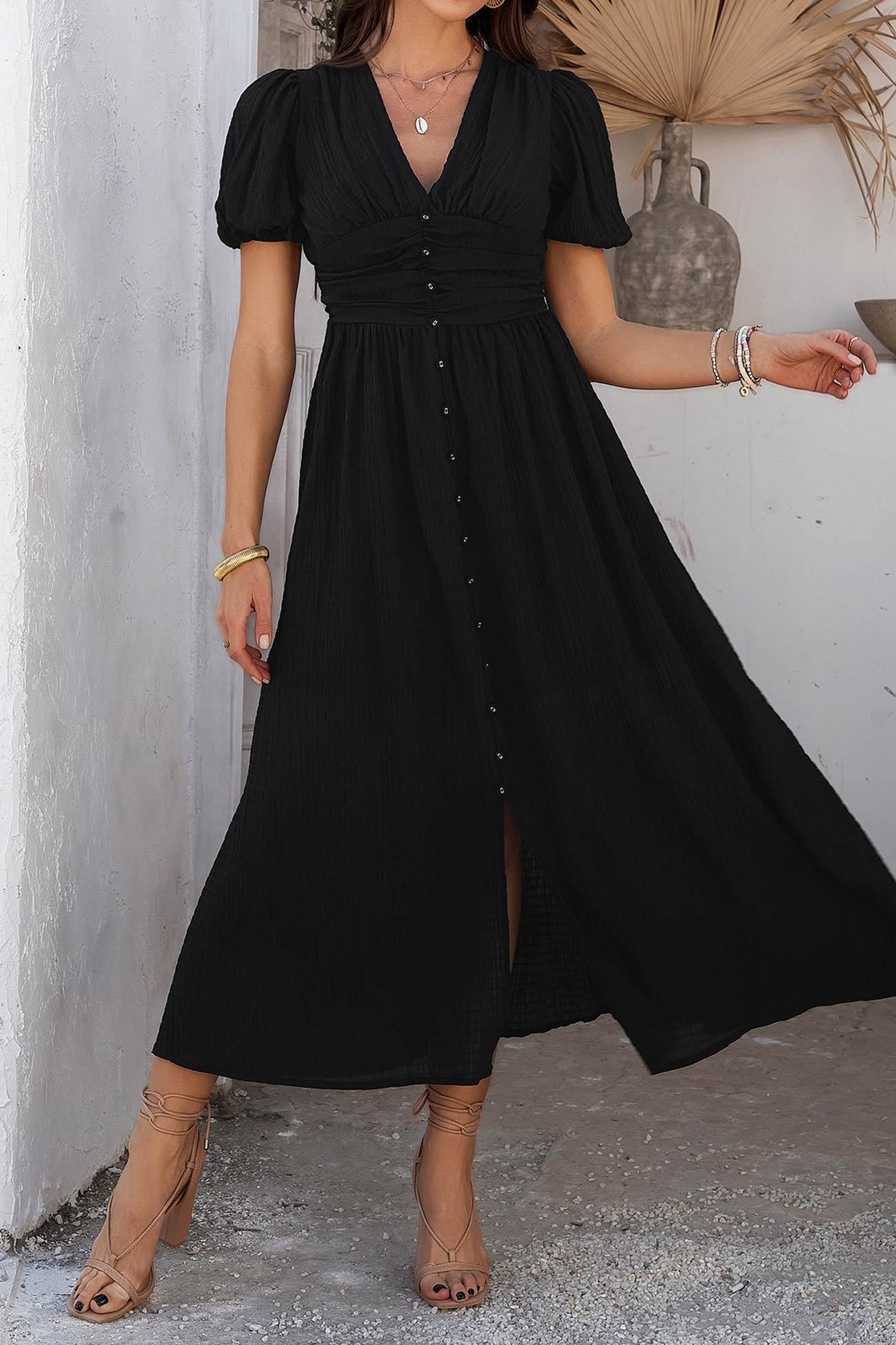 Puff Sleeve Single Breasted Slit Dress