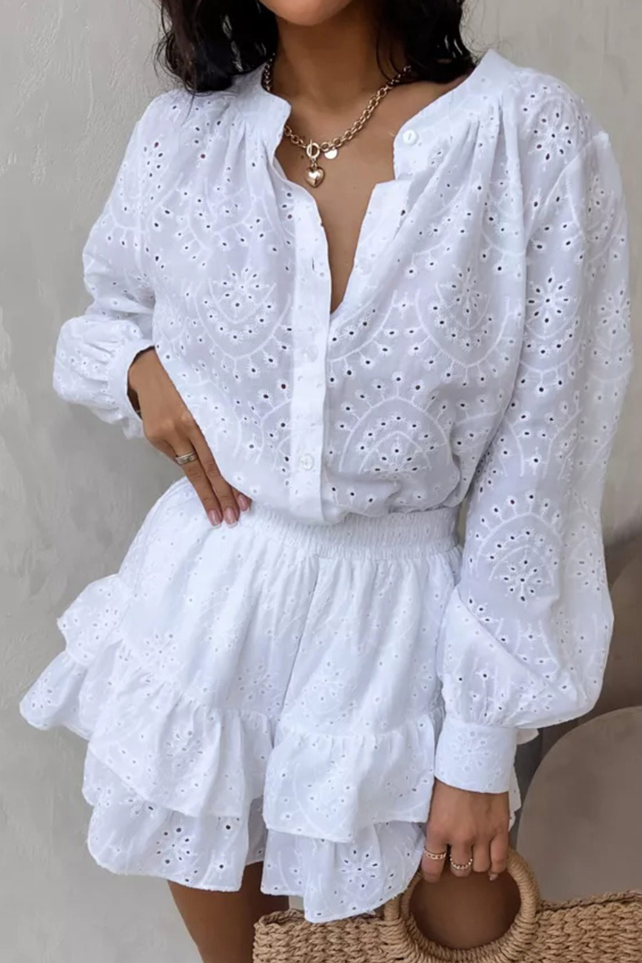 Hollow-out Jacquard Blouse Tiered Shorts Set