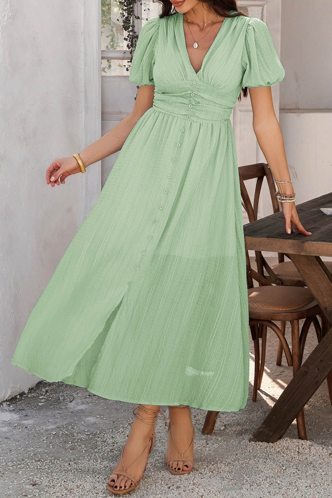 Puff Sleeve Single Breasted Slit Dress
