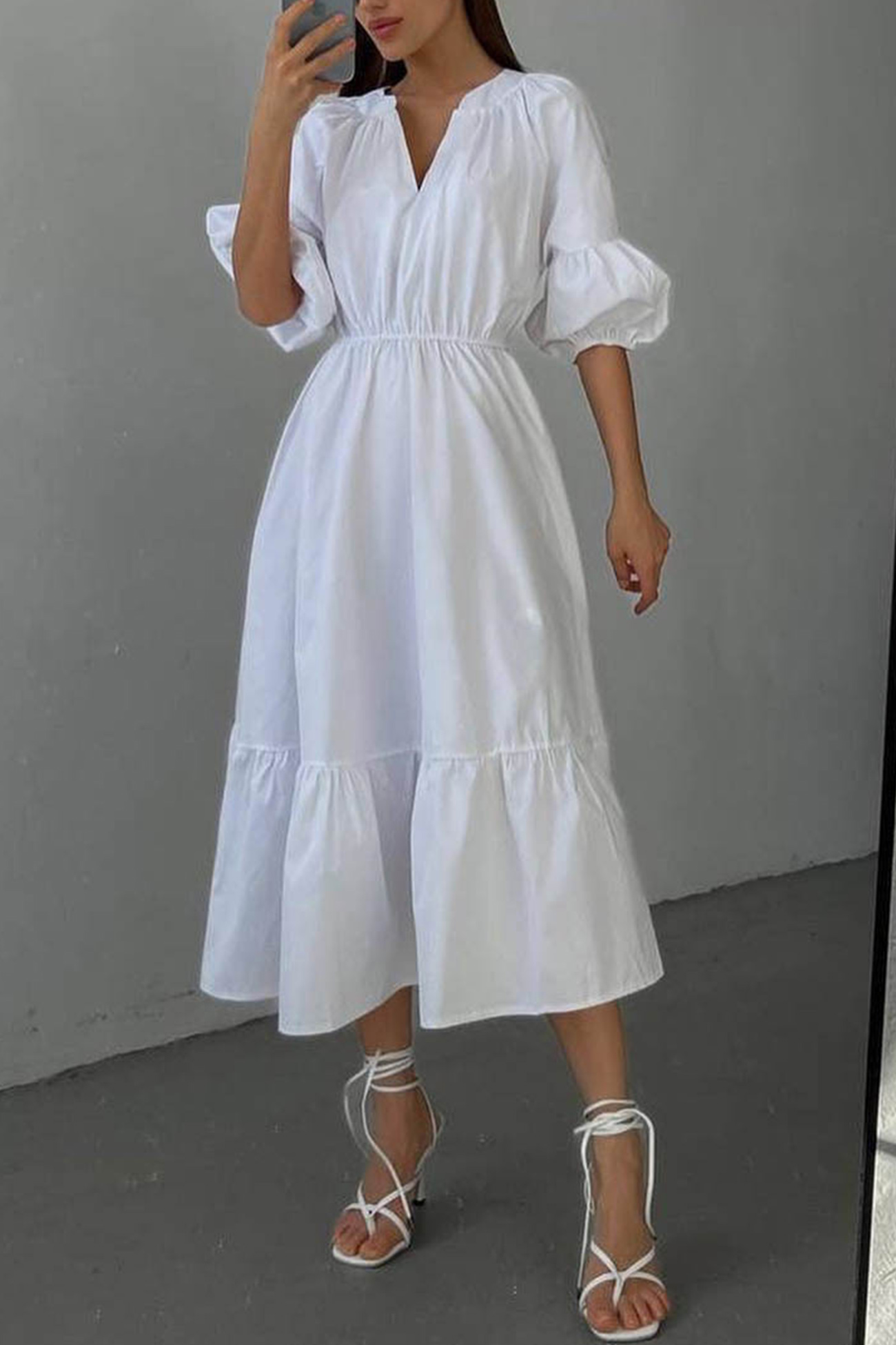 Half Sleeve V Neck High Waist Midi Dress