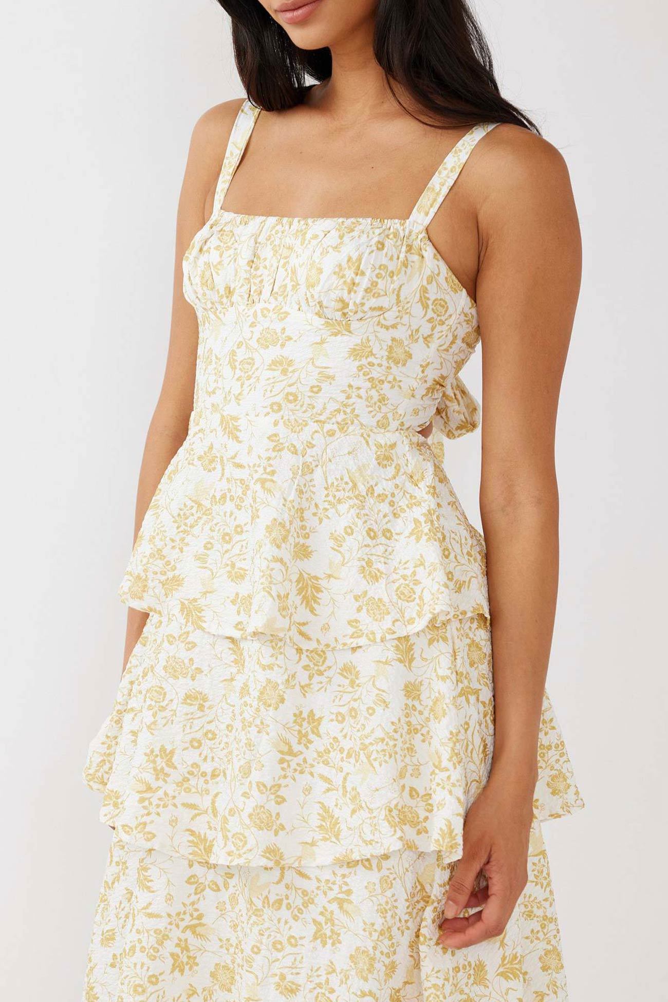 Floral Print Tie-up Tiered Midi Dress