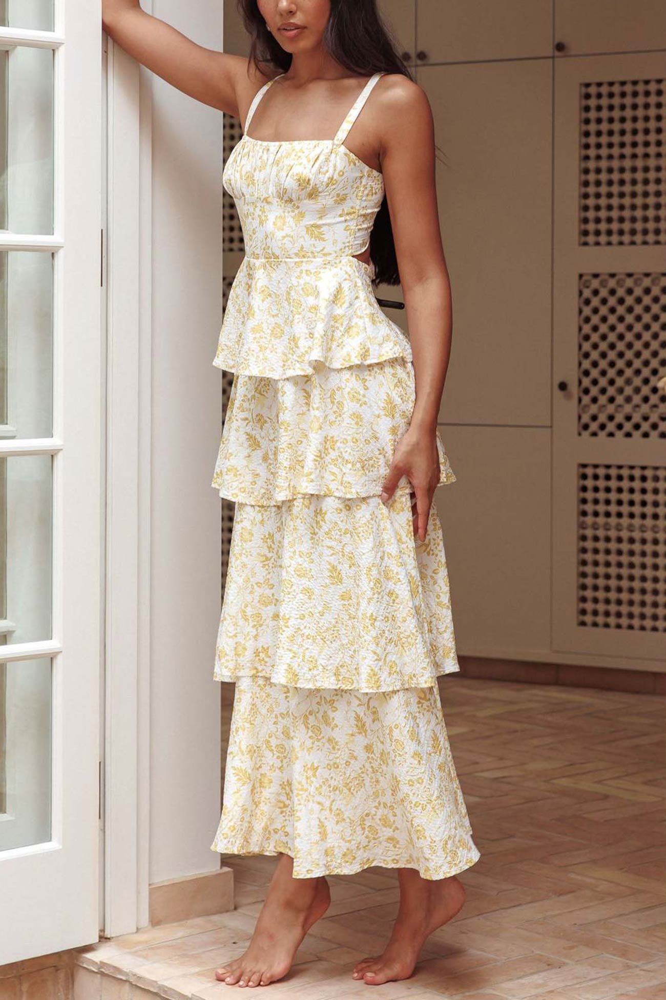 Floral Print Tie-up Tiered Midi Dress
