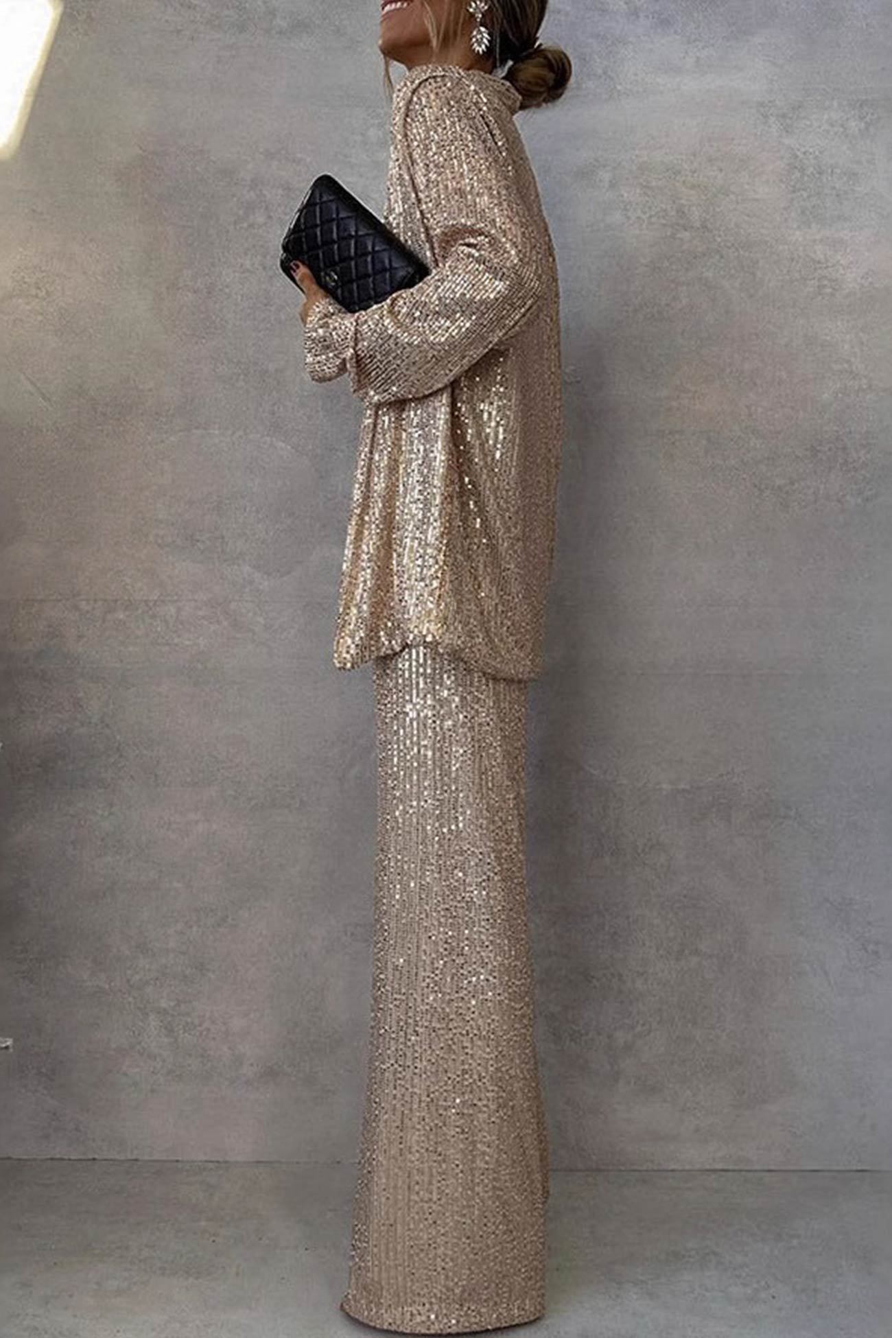 Sequin Long Sleeve Blazer Flare Long Pants Set