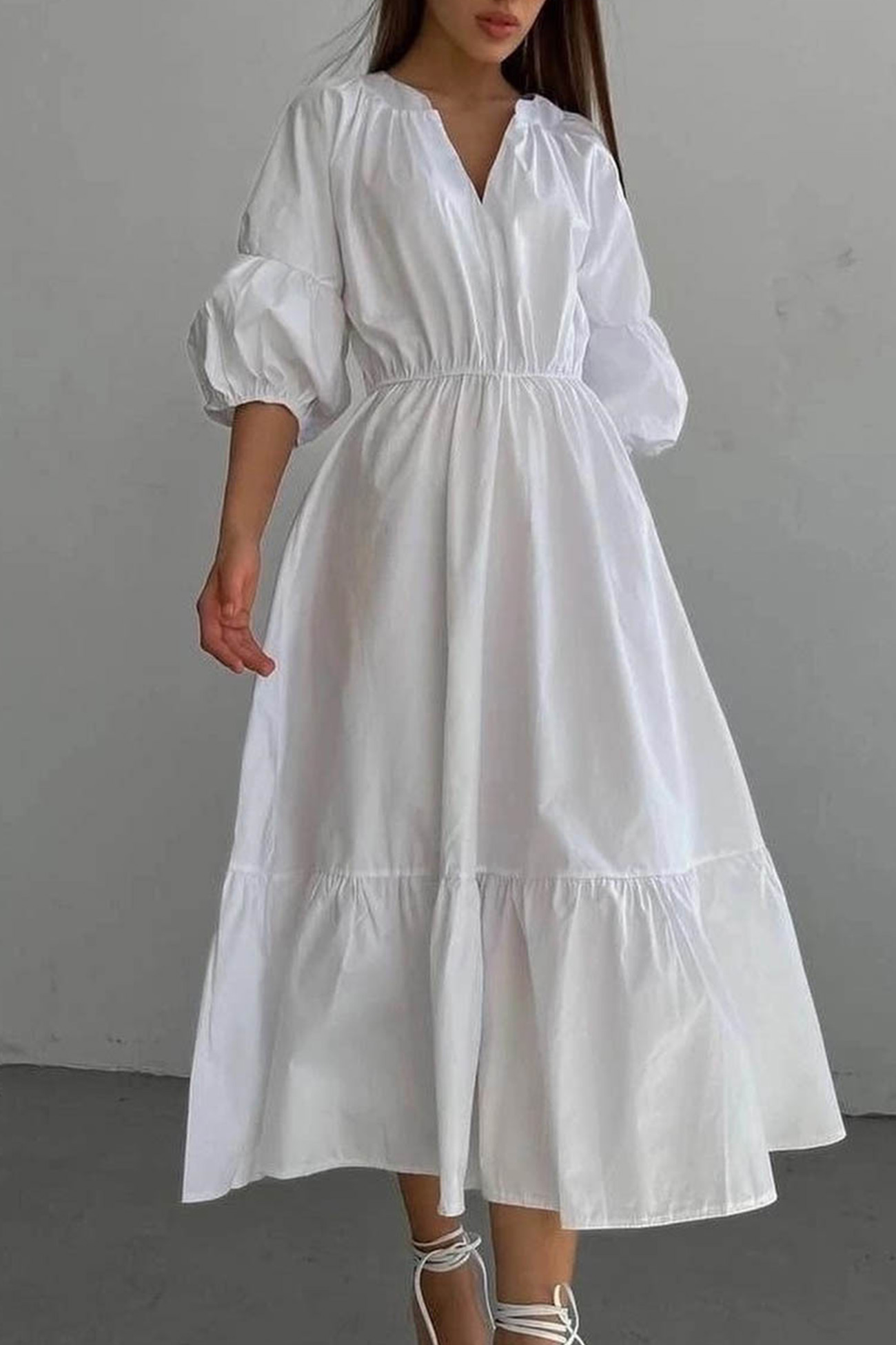 Half Sleeve V Neck High Waist Midi Dress