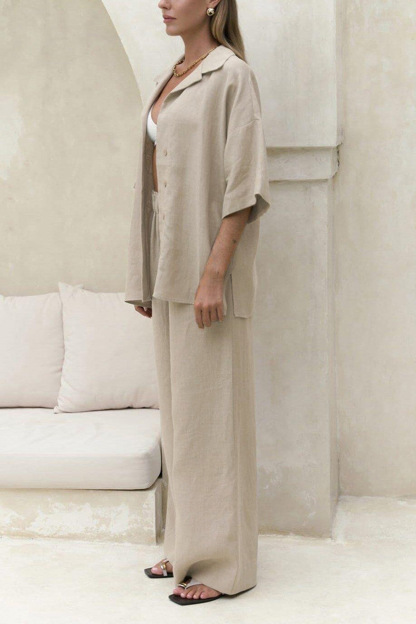 Solid Color Cotton Half Sleeve Blouse Pants Set