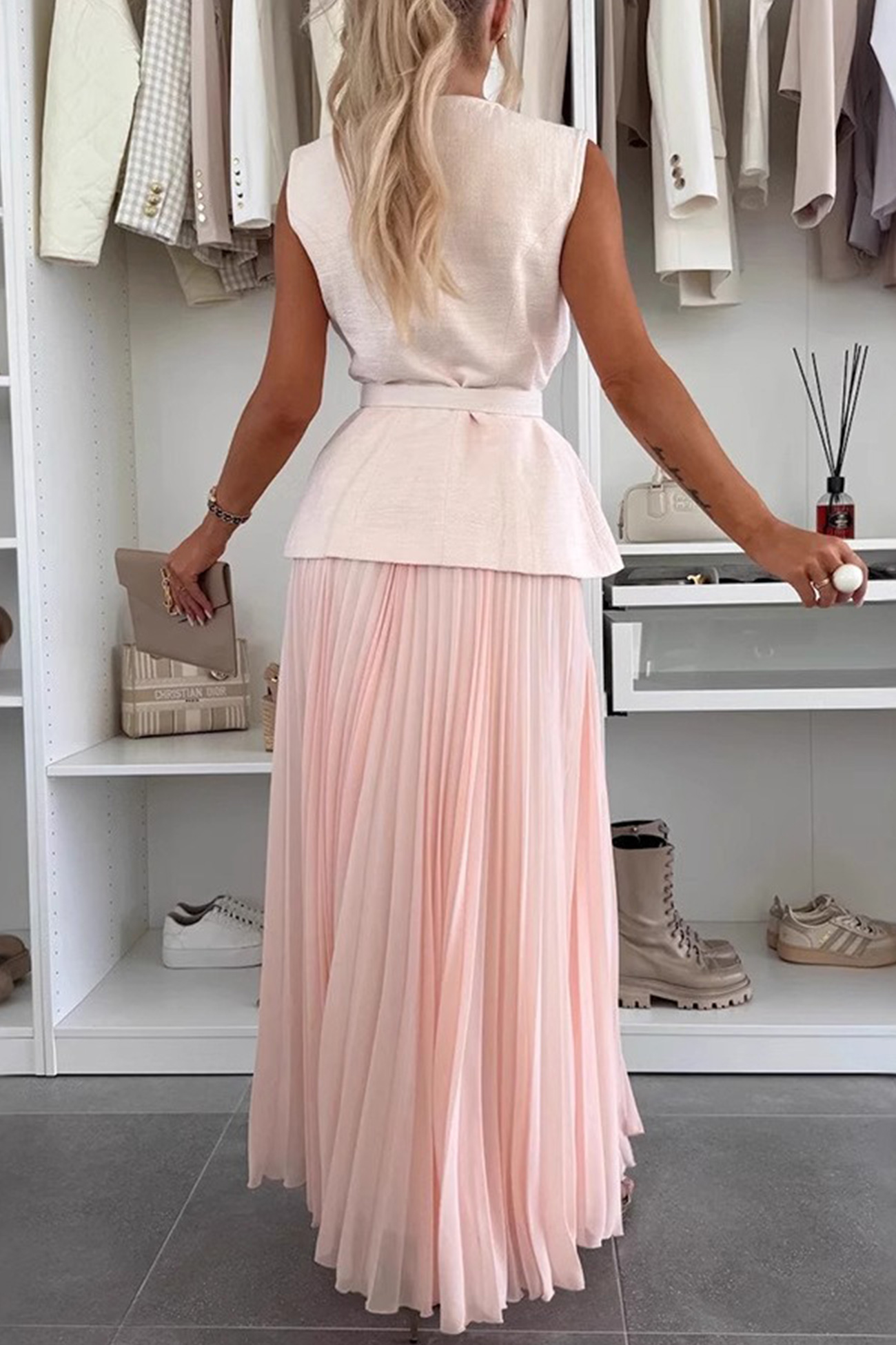 Button-down Tank Top Mesh Pleated Skirt Set