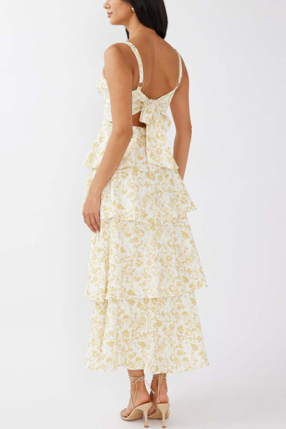 Floral Print Tie-up Tiered Midi Dress