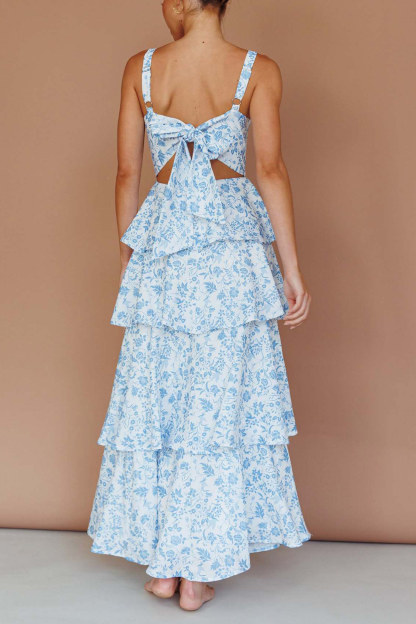 Floral Print Tie-up Tiered Midi Dress