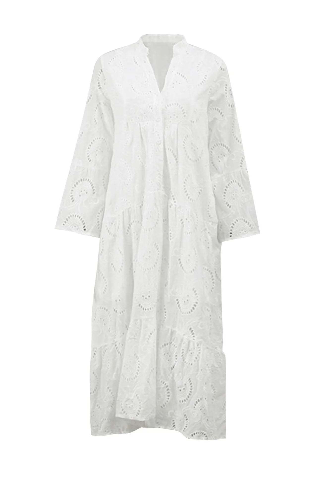 V Neck Flares Sleeve Embroidery Cotton Dress