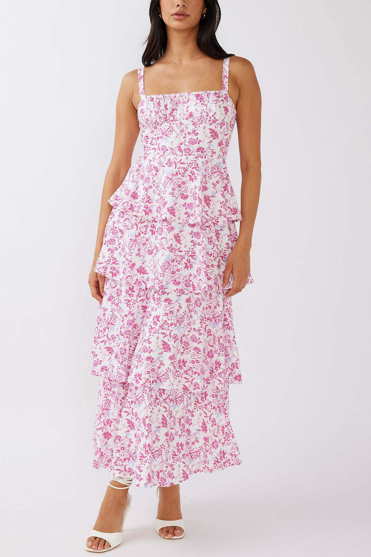 Floral Print Tie-up Tiered Midi Dress