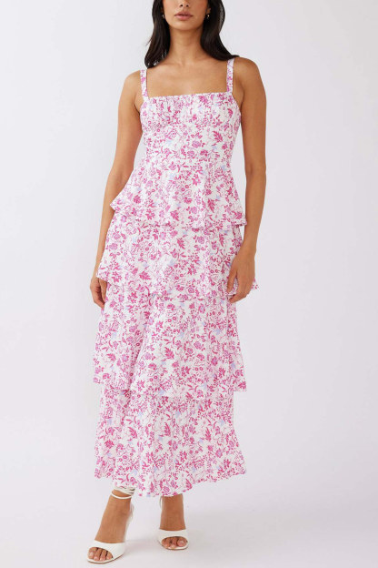 Floral Print Tie-up Tiered Midi Dress