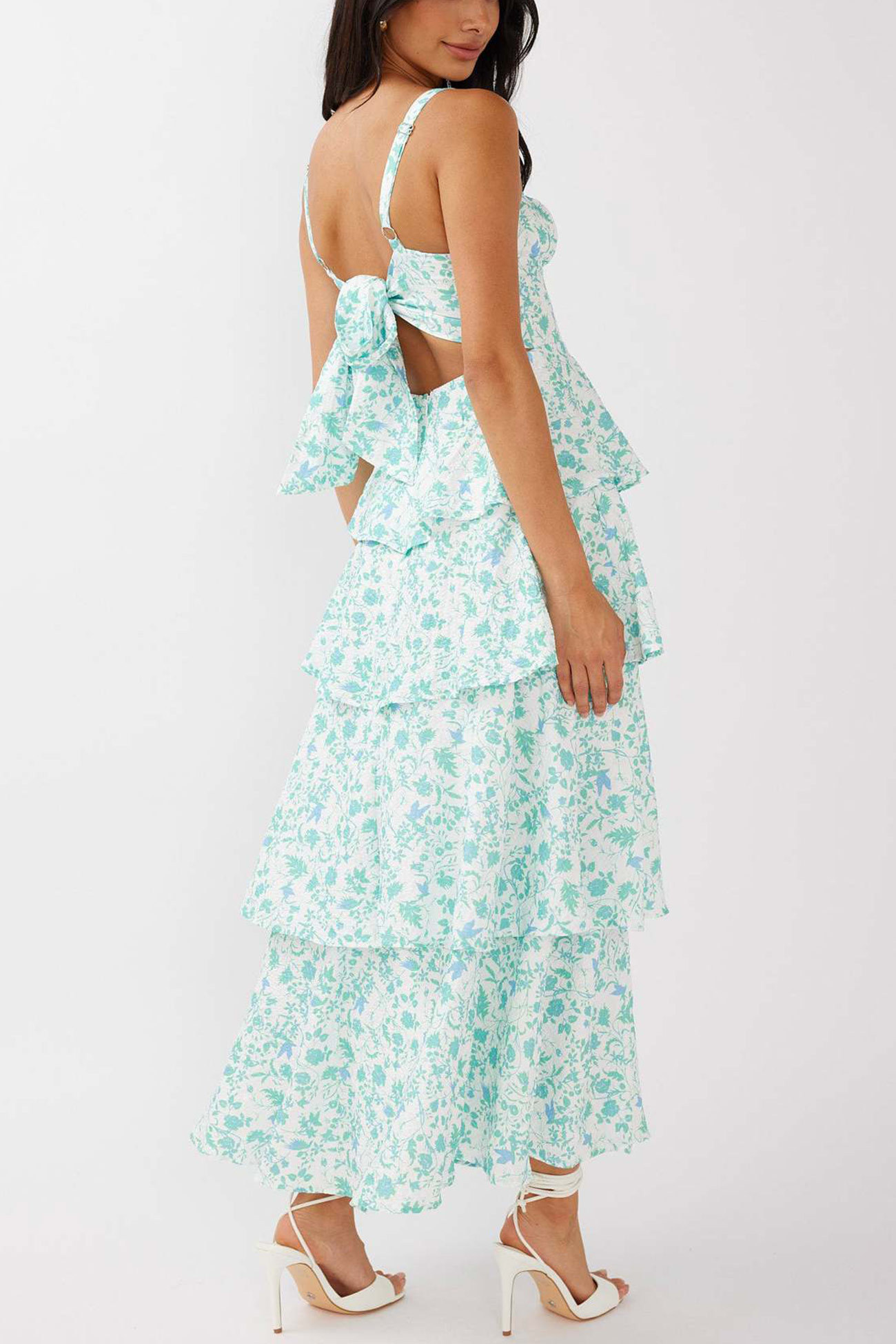 Floral Print Tie-up Tiered Midi Dress