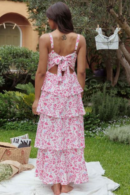 Floral Print Tie-up Tiered Midi Dress