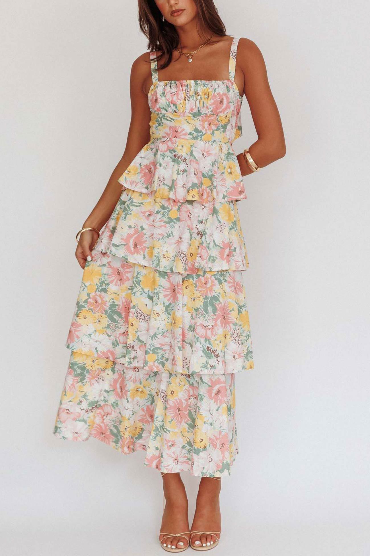 Floral Print Tie-up Tiered Midi Dress