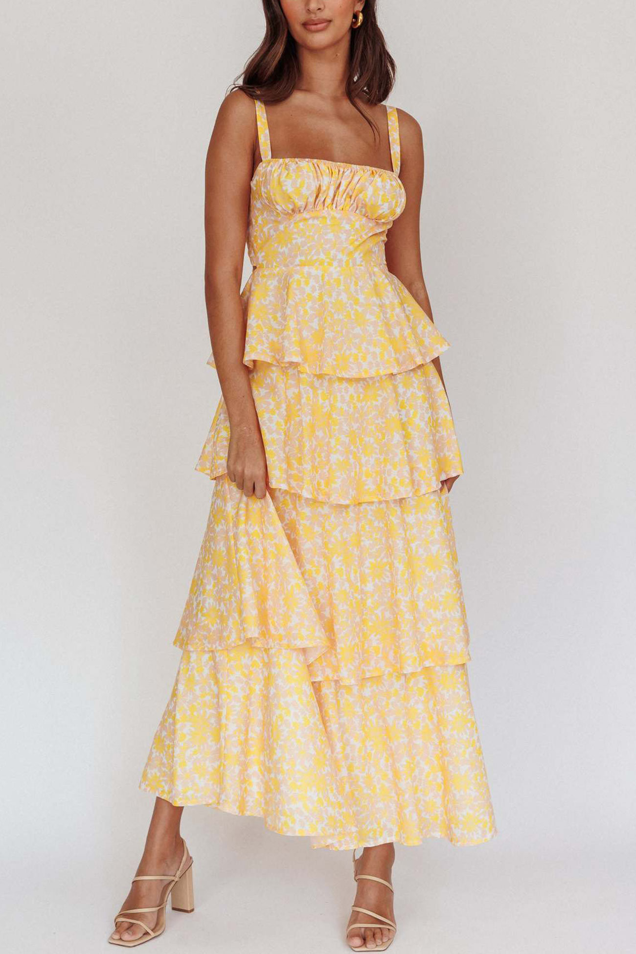 Floral Print Tie-up Tiered Midi Dress