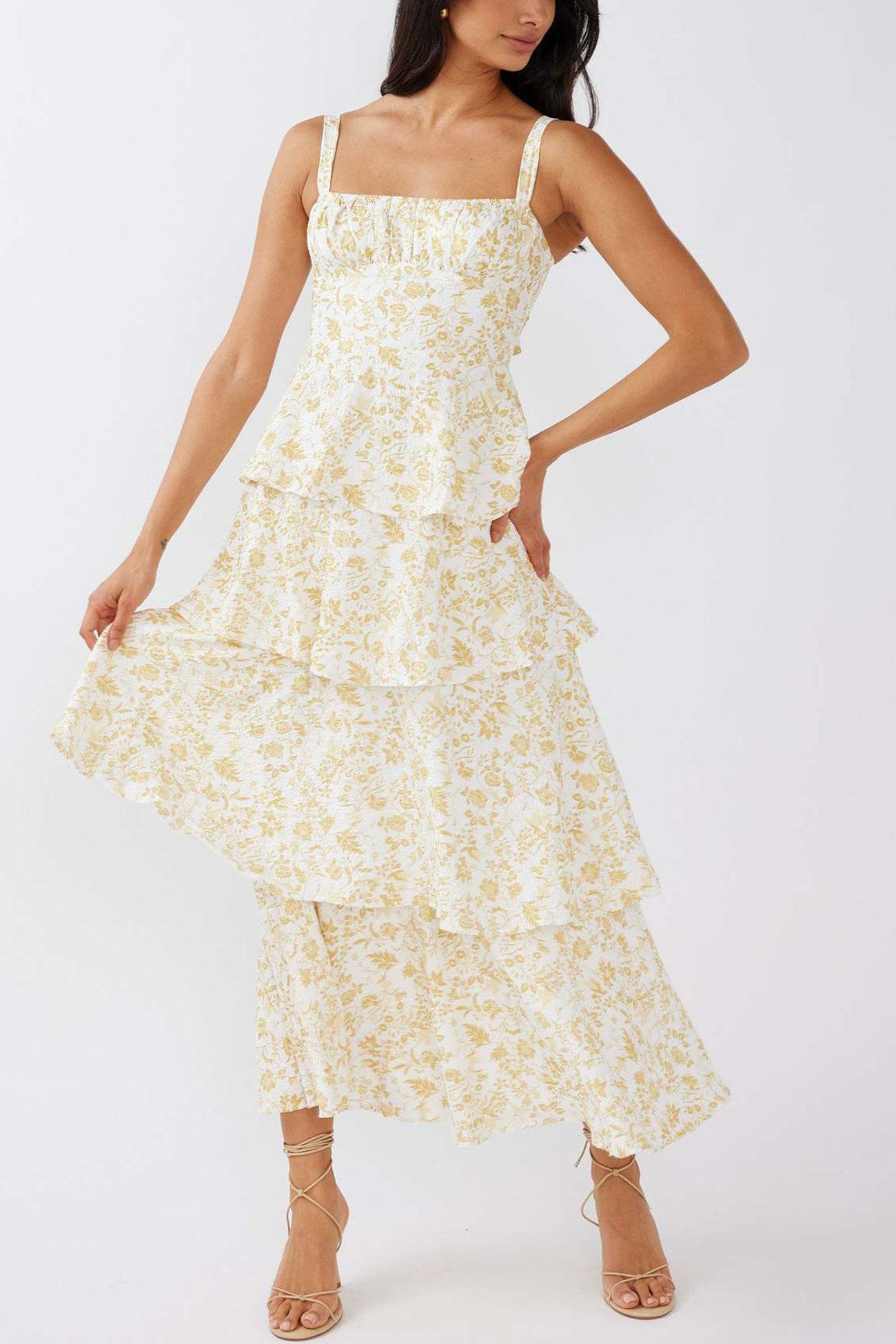 Floral Print Tie-up Tiered Midi Dress