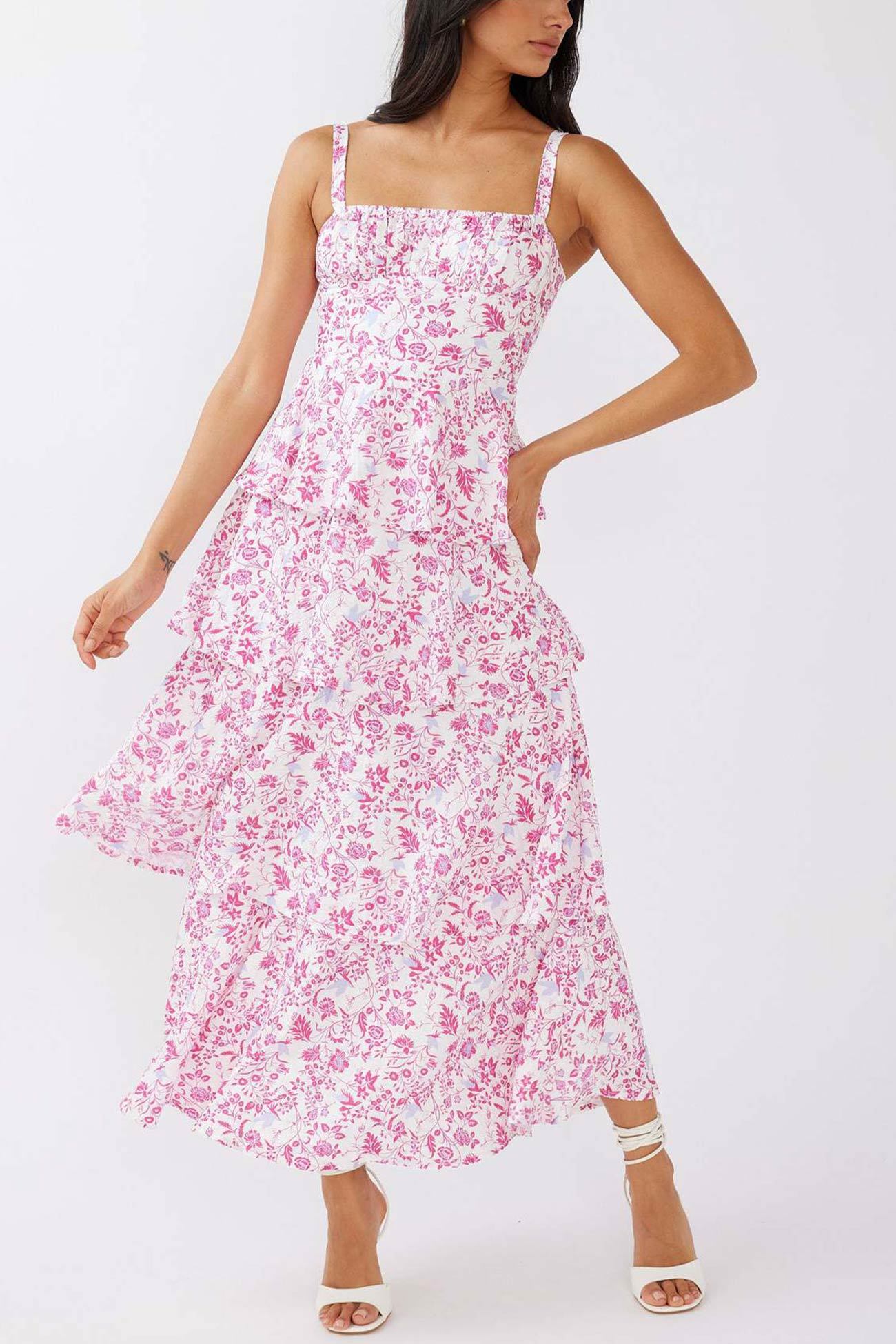 Floral Print Tie-up Tiered Midi Dress