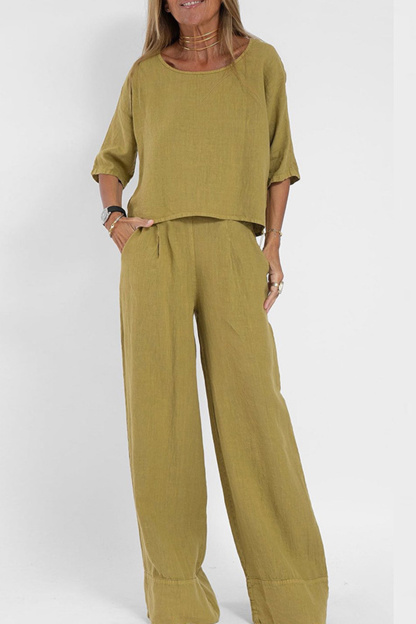 Solid Color Half Sleeve Cotton Shirt Pants Set