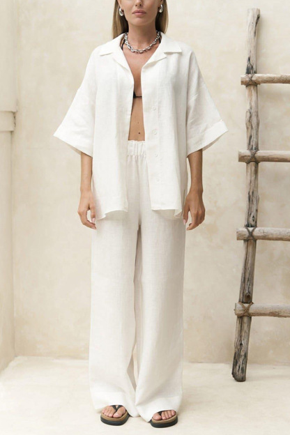 Solid Color Cotton Half Sleeve Blouse Pants Set