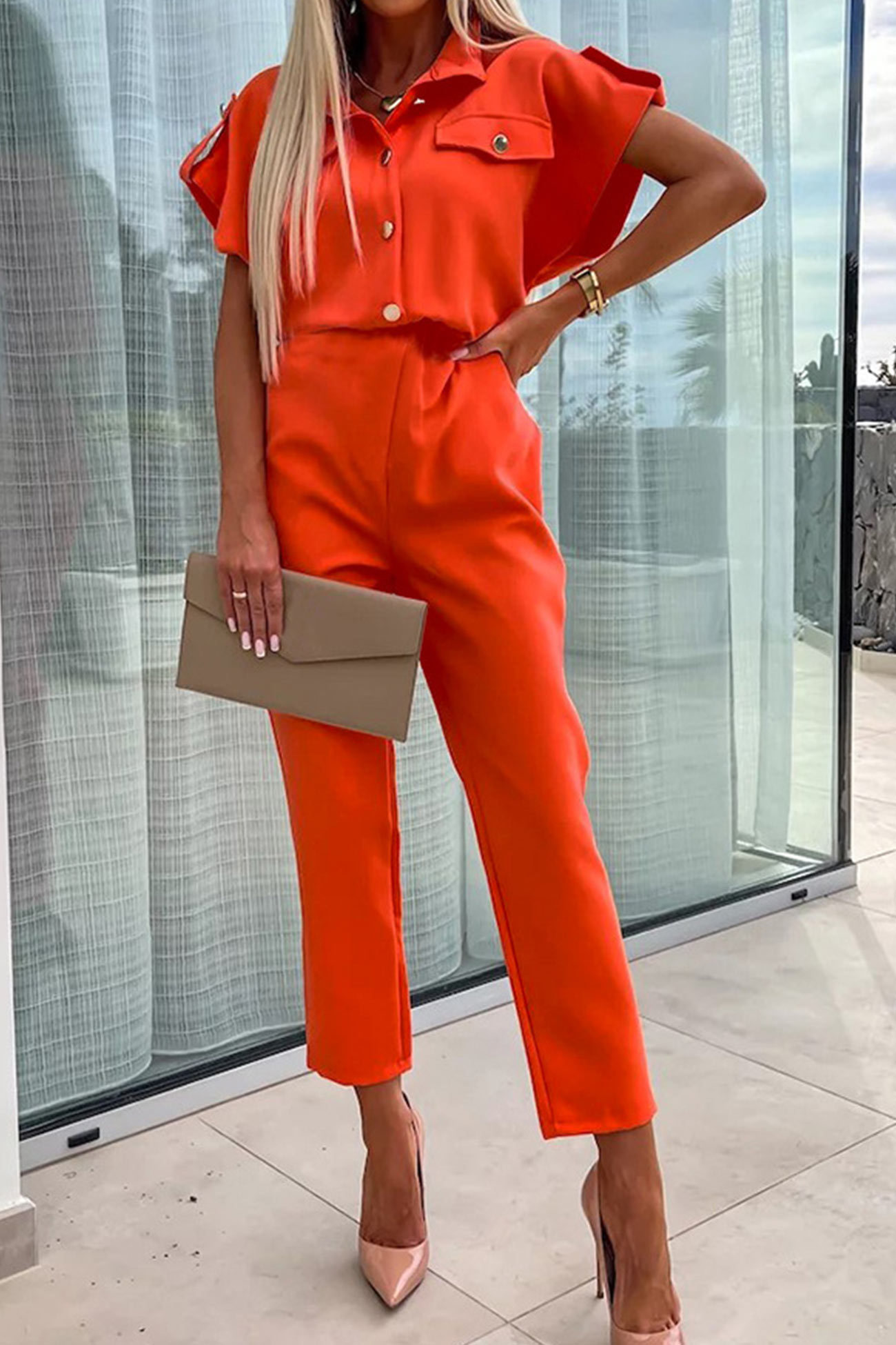 Cap Sleeve High Waist Cargo Jumpsuits