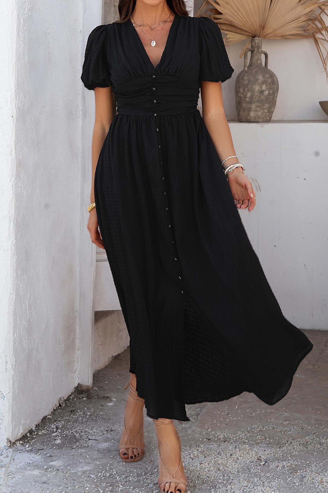 Puff Sleeve Single Breasted Slit Dress