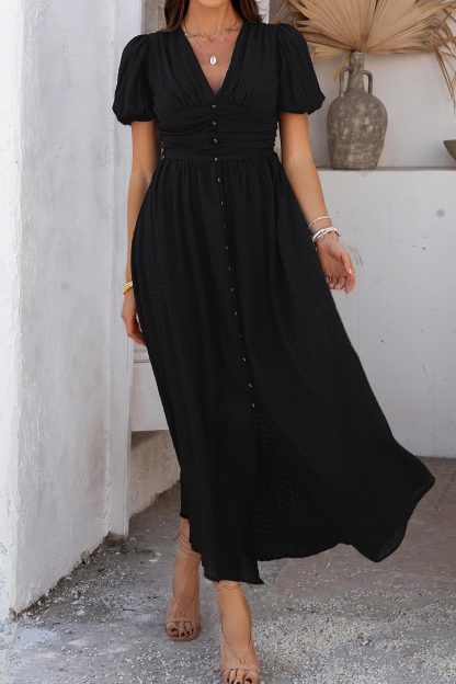Puff Sleeve Single Breasted Slit Dress
